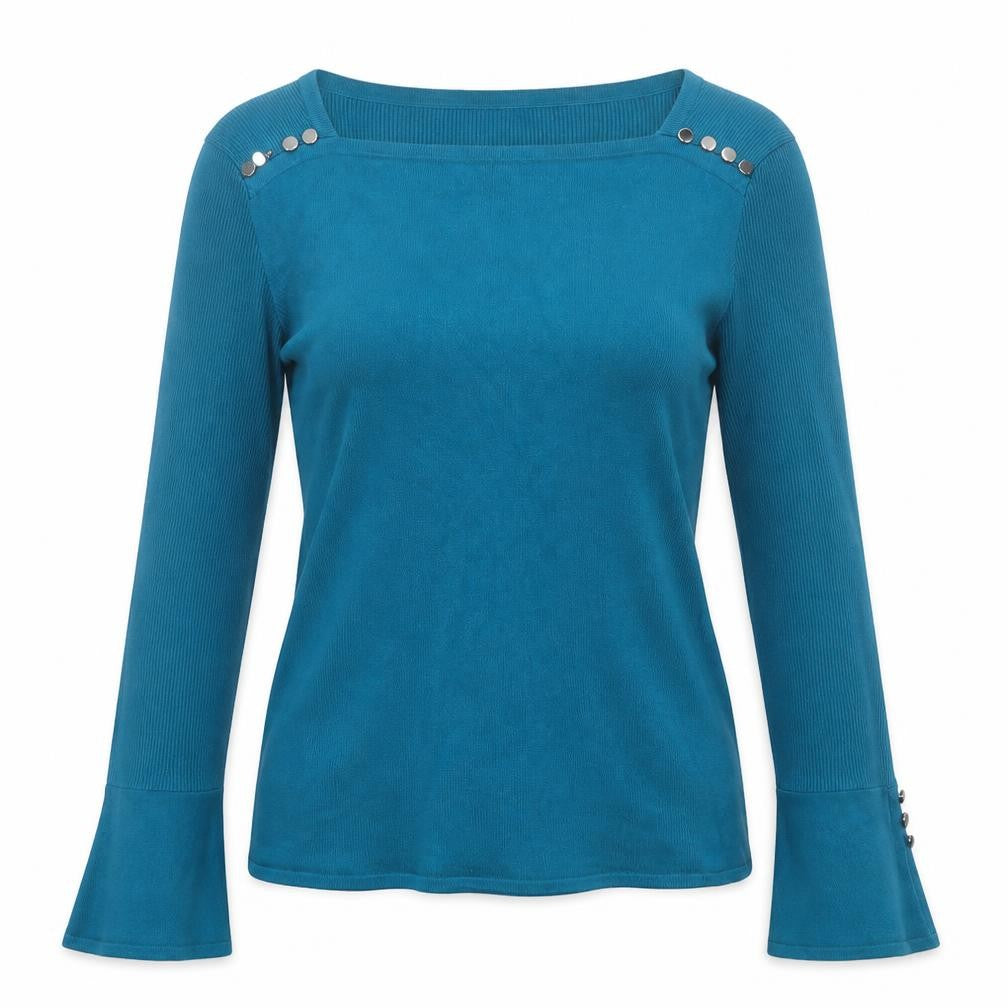 Front view of Star women’s blue square neck viscose jumper, size UK 14