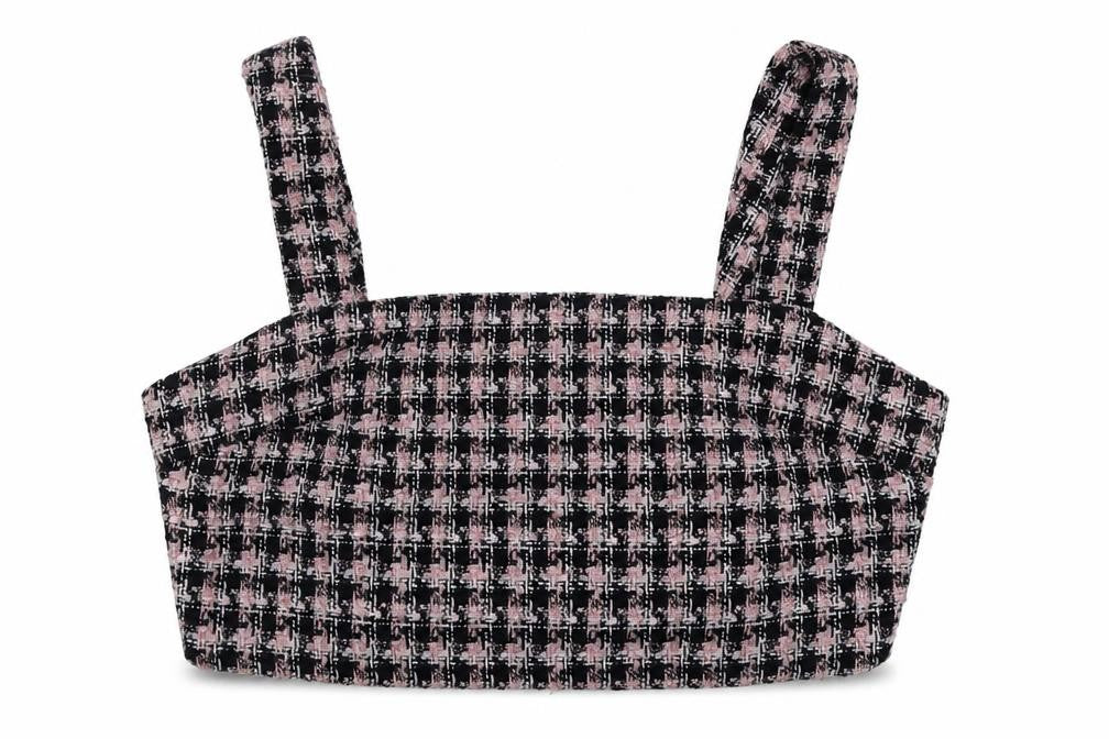 Front view of Primark women’s pink houndstooth polyester cropped tank, size UK 12, square neck