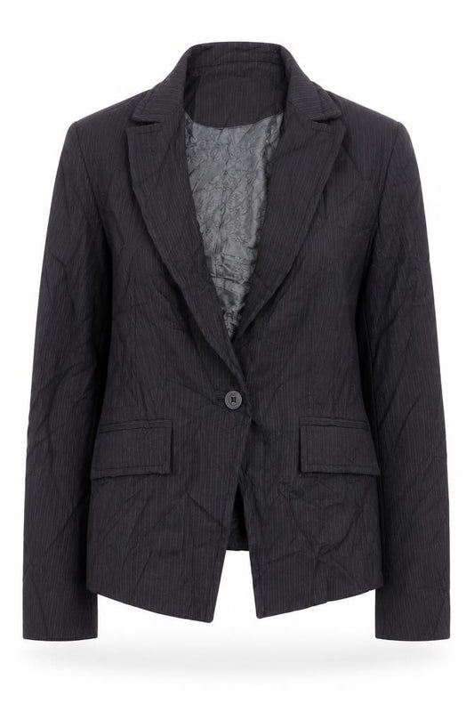 Front view of Next women’s black striped jacket blazer, size UK 10, button