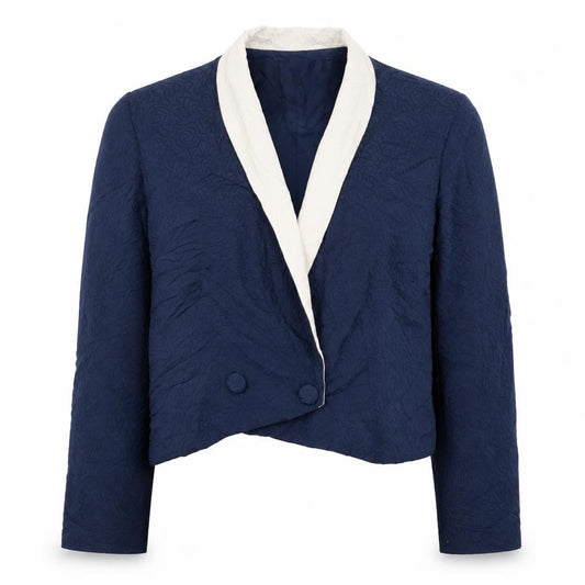 Front view of Condici women’s blue geometric jacket blazer, size UK 14, button