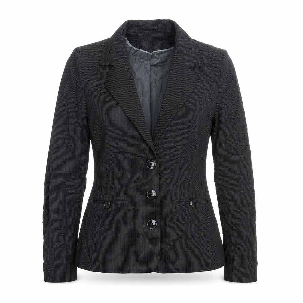 Front view of Next women’s black striped jacket blazer, size UK 8, button