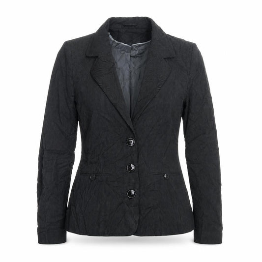 Front view of Next women’s black striped jacket blazer, size UK 8, button