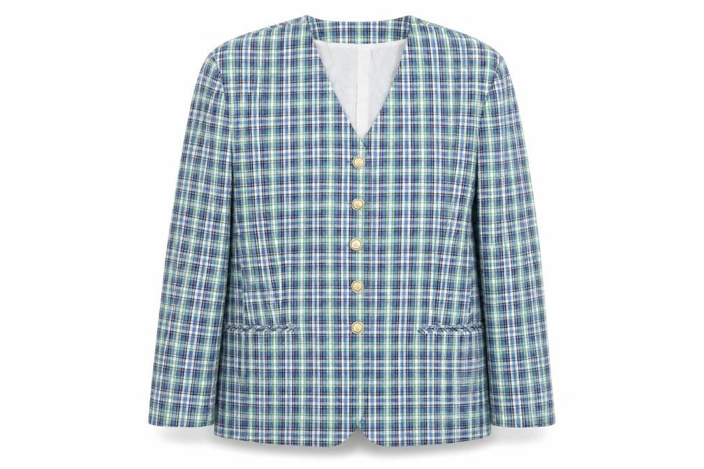 Front view of Bianca women’s beige plaid jacket blazer, size UK 16, button