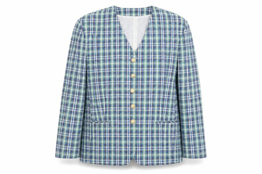 Front view of Bianca women’s beige plaid jacket blazer, size UK 16, button