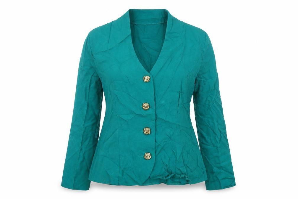 Front view of BHS women’s green jacket blazer, size UK 14, button