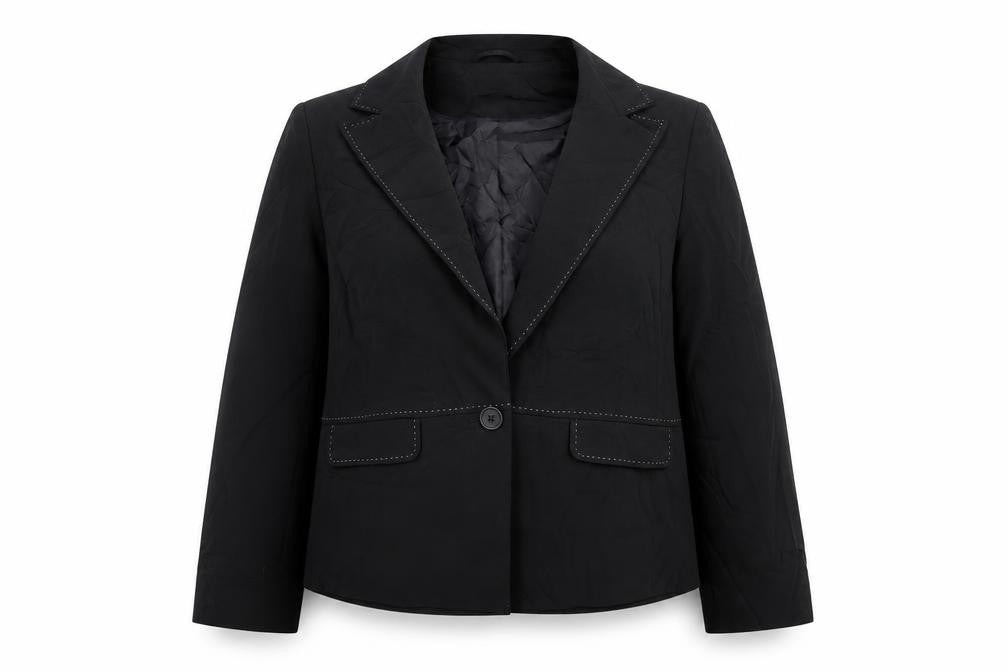 Front view of Atmosphere women’s black jacket blazer, size UK 14, button