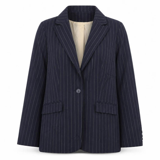 Front view of Dorothy Perkins women’s blue striped jacket blazer, size UK 14, button