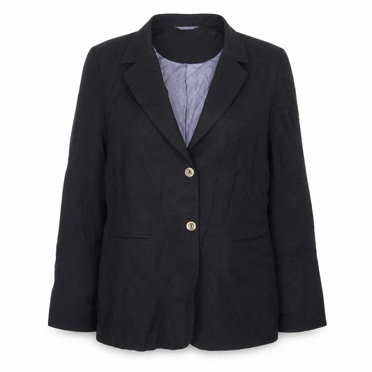 Front view of Essentials women’s black jacket blazer, size UK 14, button