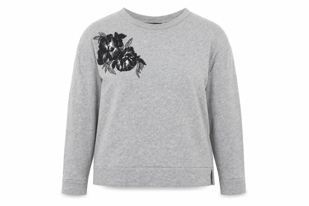 Front view of Marks & Spencer women’s grey floral cotton pullover sweatshirt, size UK 14, pullover