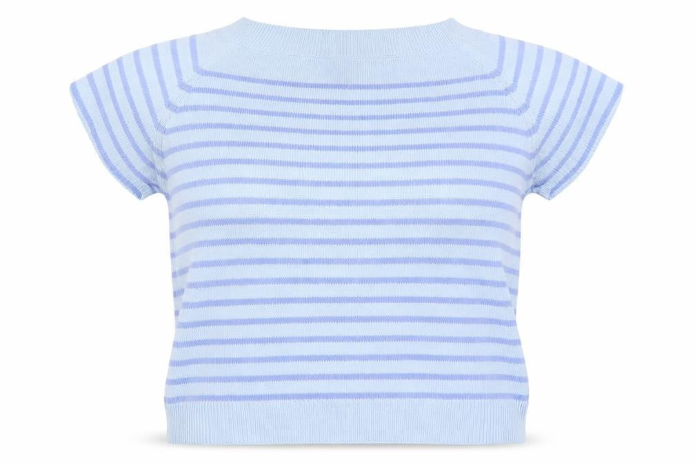 Front view of EWM women’s blue square neck striped cotton jumper, size M