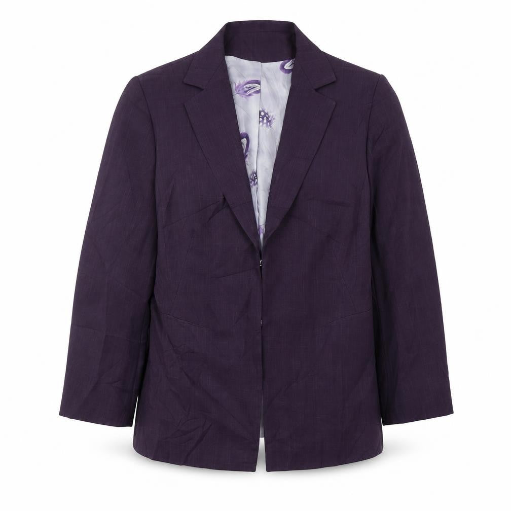 Front view of NL Collection women’s purple jacket, size UK 16, hook & eye