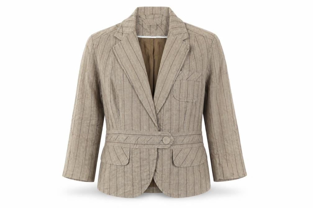 Front view of Next women’s brown striped jacket, size UK 14, button