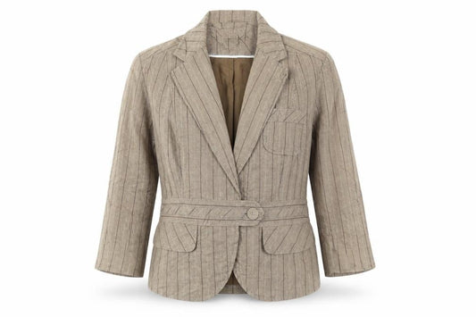 Front view of Next women’s brown striped jacket, size UK 14, button