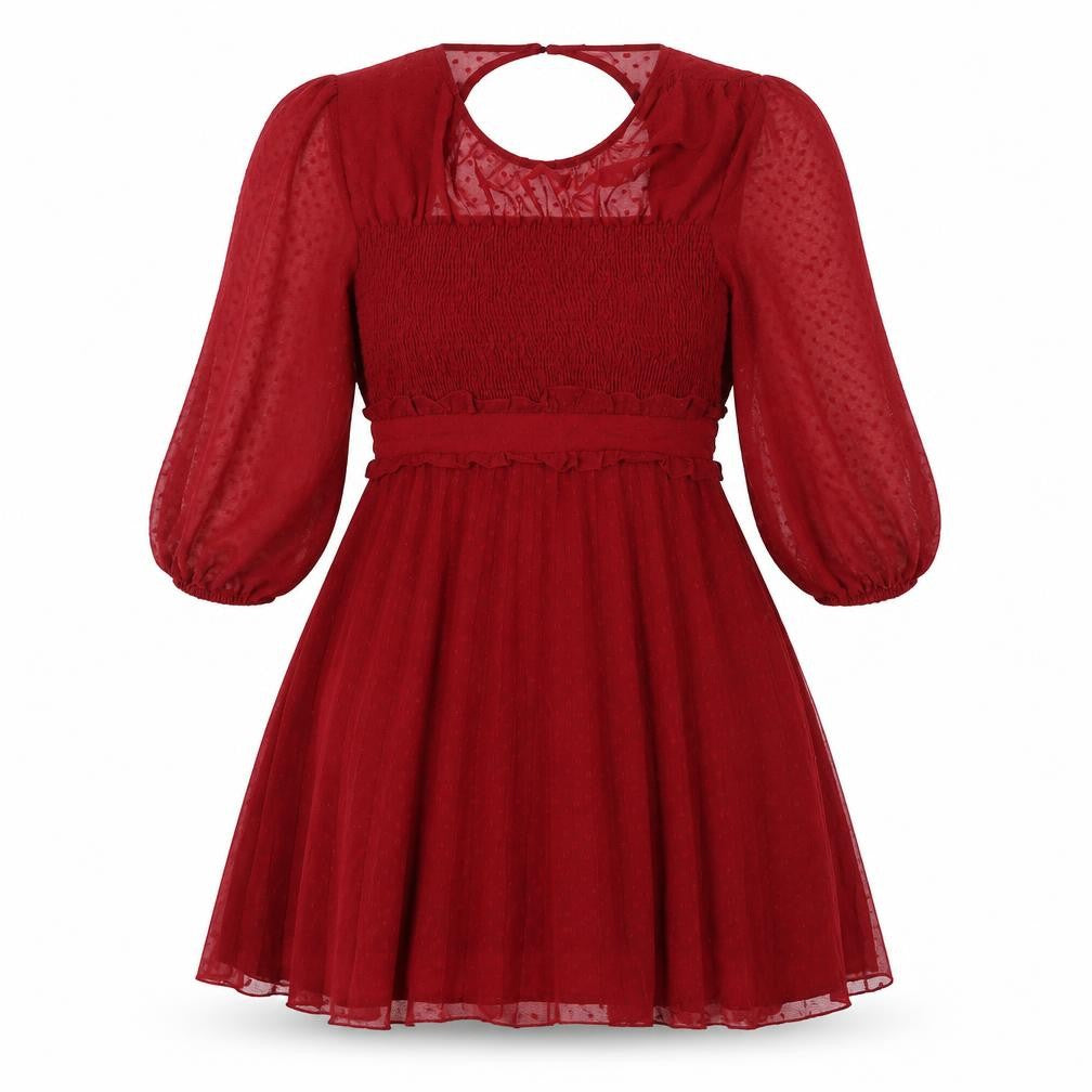 Front view of ASOS women’s red polyester a-line, size UK 10, round neck snap