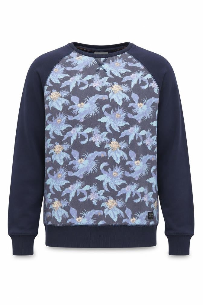 Front view of Blend men’s blue floral cotton pullover sweatshirt, size M