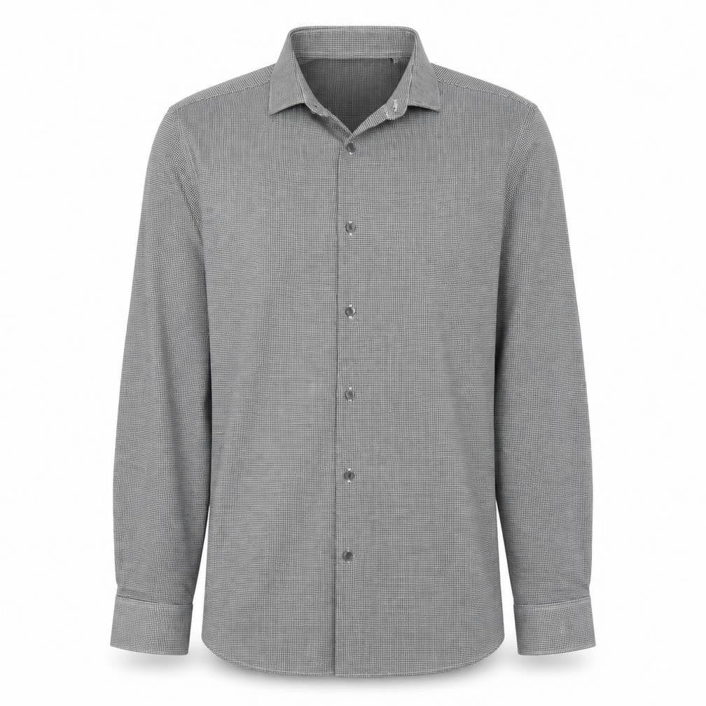 Front view of Next men’s black check polyester button-up, size 15.5 collared button