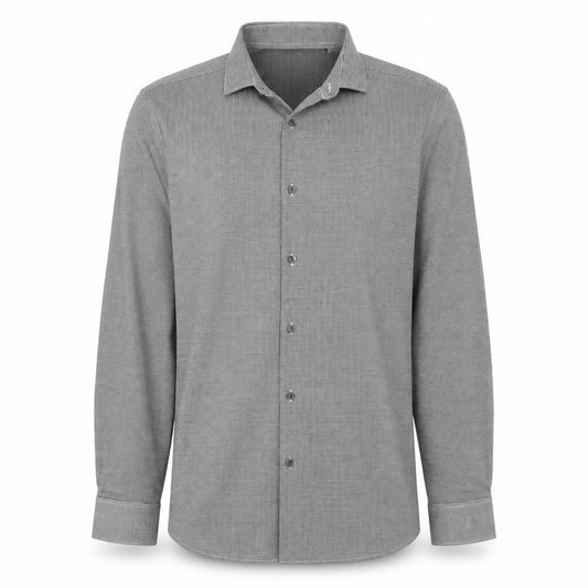 Front view of Next men’s black check polyester button-up, size 15.5 collared button
