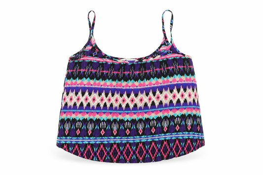 Front view of New Look women’s purple geometric polyester basic tank, size UK 8, square neck