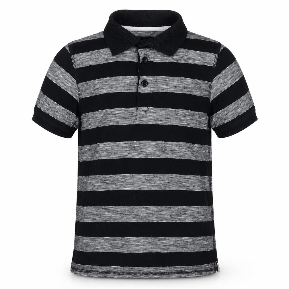Front view of Dunes boys’ black striped cotton pullover polo, size 10-11, years collared pullover