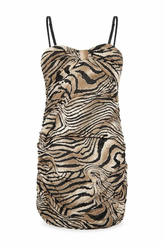 Front view of Evita women’s brown animal print polyester bodycon, size UK 8, sweetheart pullover