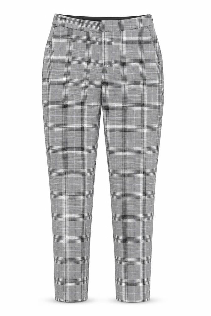 Front view of RESERVED women’s black plaid polyester trousers, size UK 6, 26-inch leg regular zip