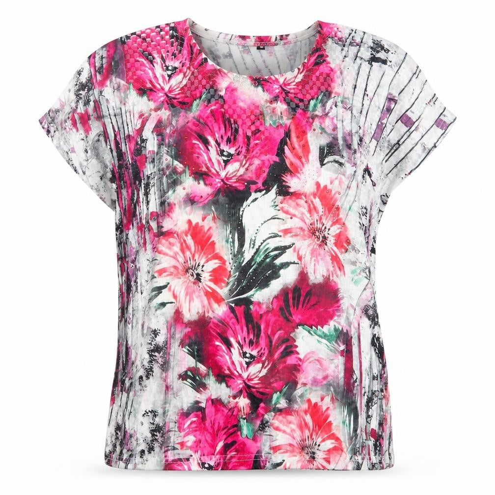 Casamia` Womens Multicoloured Floral Polyester Jersey T-Shirt Size M Round Neck