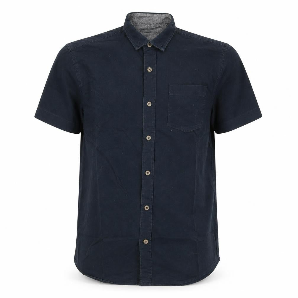 Front view of Industrialize men’s blue polyester polo, size S, collared button