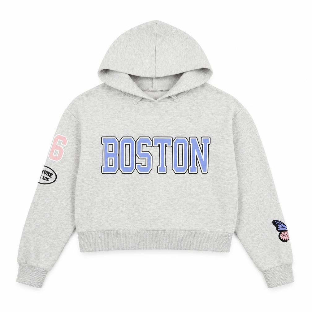 Front view of women’s grey polyester pullover hoodie, size XS, pullover - boston