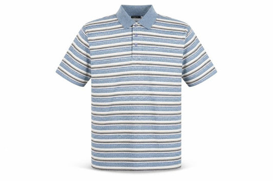 Front view of Leisurewear men’s multicoloured striped cotton polo, size L, collared