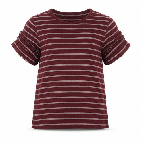 Marks and Spencer Girls Red Striped Cotton Basic T-Shirt Size 8-9 Years Round Neck  - Shoulder Detail