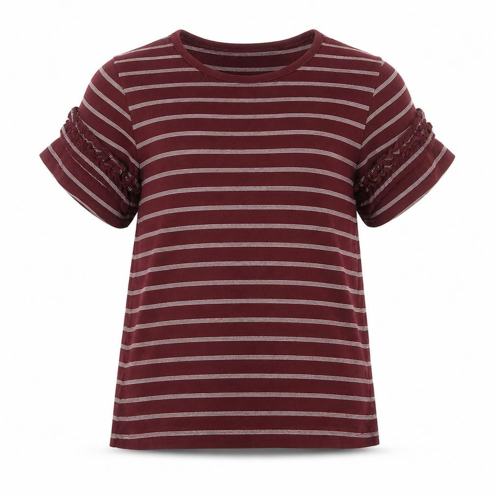 Marks and Spencer Girls Red Striped Cotton Basic T-Shirt Size 8-9 Years Round Neck  - Shoulder Detail