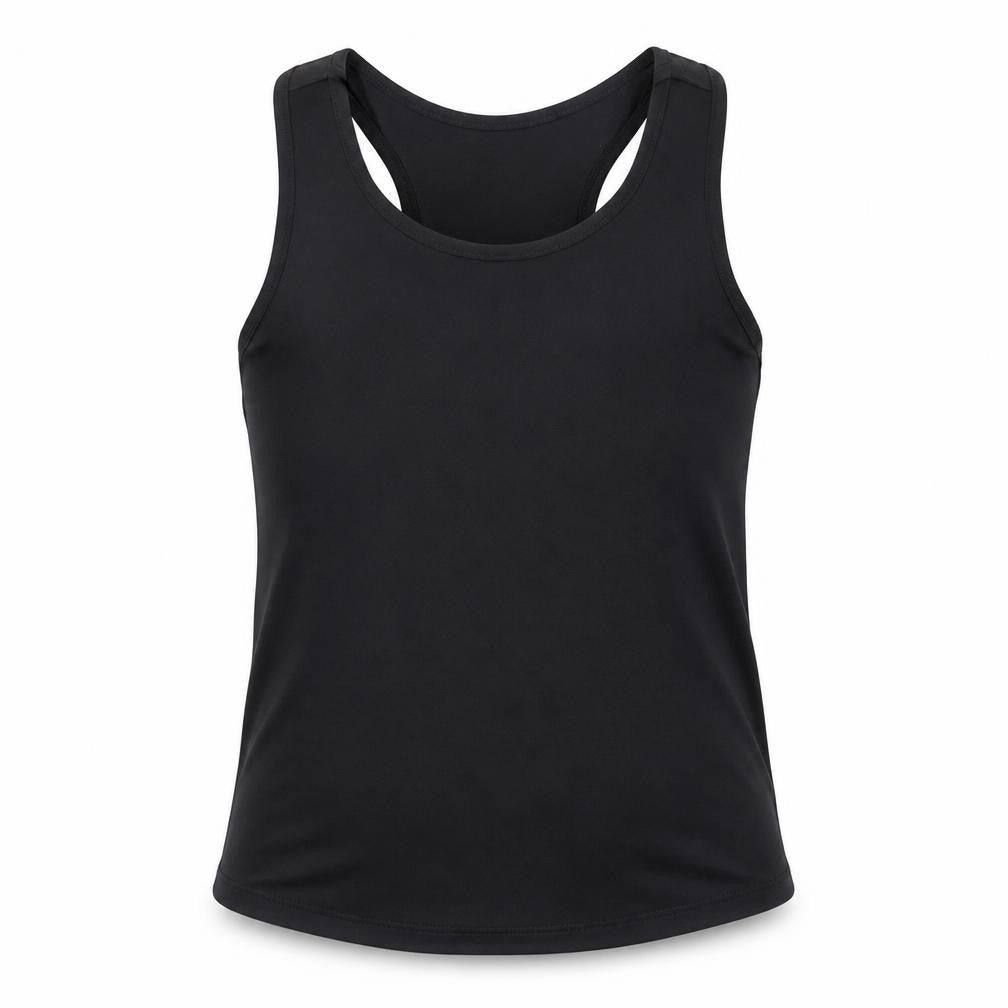 Front view of Dunnes girls’ black polyester basic tank, size 8-9, years round neck