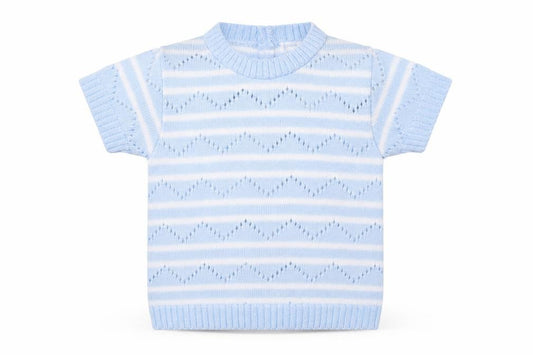 Front view of Zip Zap Baby Blue Striped Acrylic jumper, size 9-12, Months Button