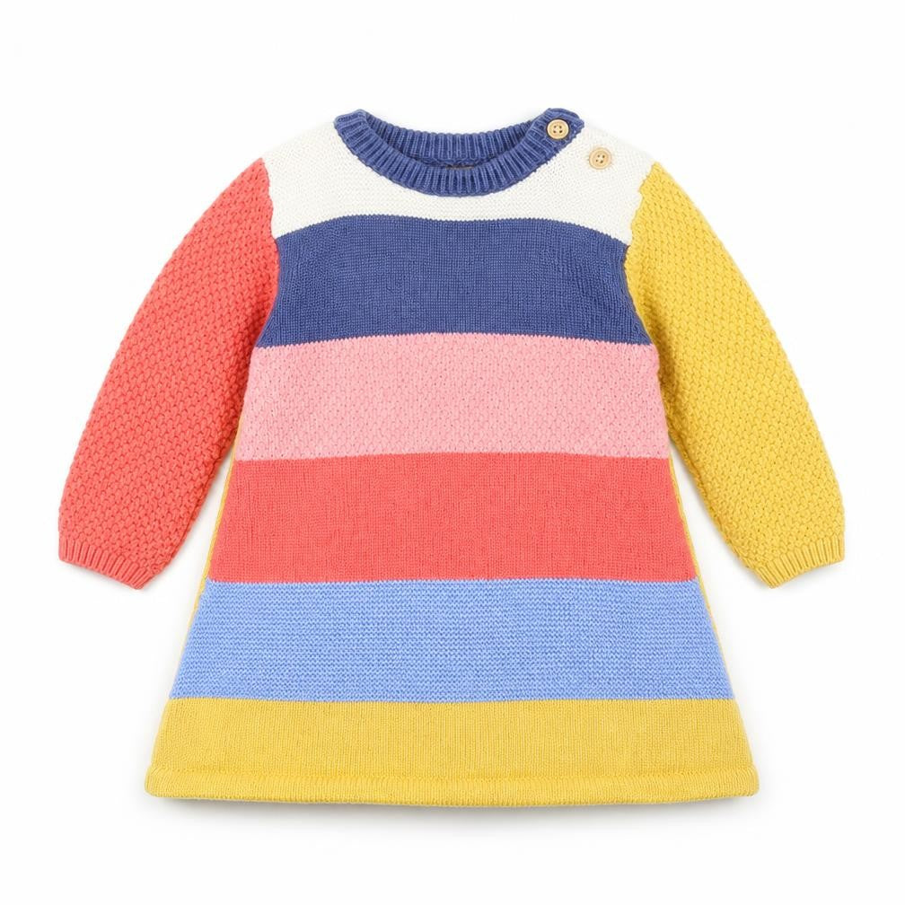Front view of Nutmeg girls’ multicoloured striped cotton a-line, size 3-6, months round neck button