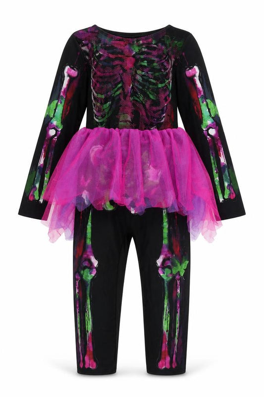 Hallow Scream Girls Black  Polyester Top One Piece Size 9-10 Years  Hook & Loop - Skeleton Fancy Dress