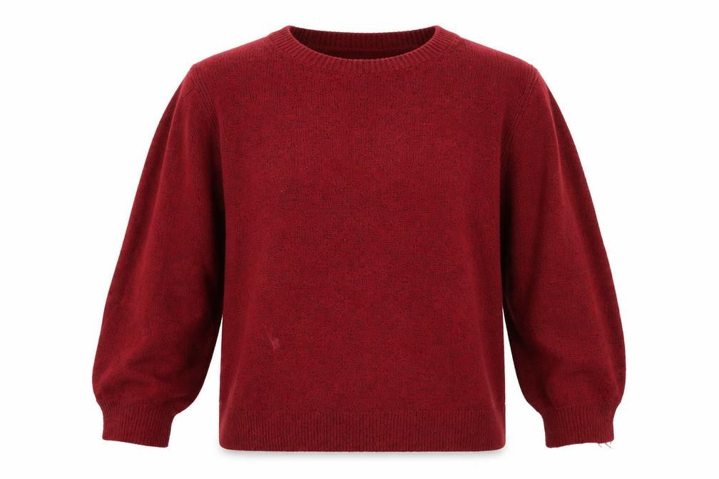 Front view of Amazon Essentials women’s red round neck camel jumper, size L