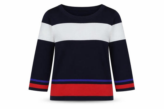 Front view of Dunnes women’s multicoloured round neck striped viscose jumper, size M