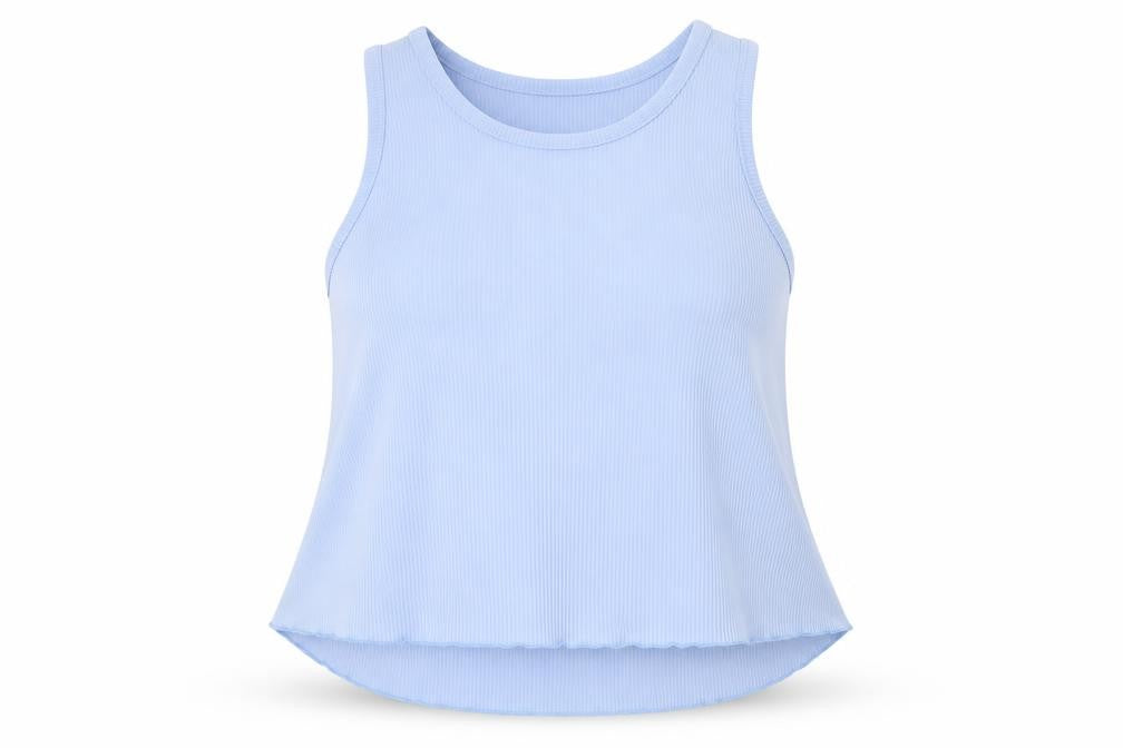Front view of Boohoo women’s blue polyester basic tank, size UK 8, crew neck - lettuce edging