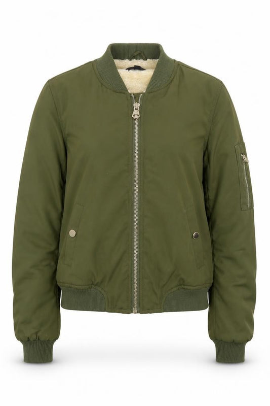 Front view of Missguided women’s green bomber jacket coat, size UK 6, zip