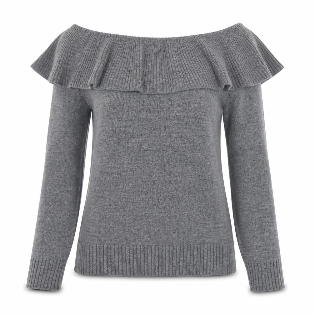 Front view of Boohoo women’s grey collared acrylic jumper, size UK 8