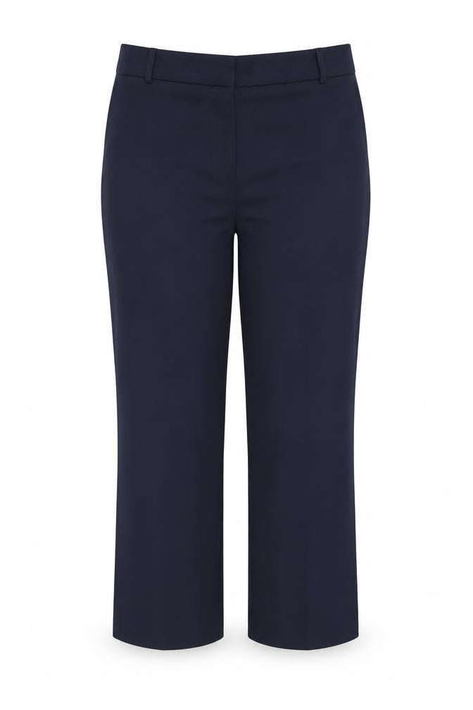 Front view of Arcadia women’s blue polyester trousers, size UK 16, 29-inch leg regular button