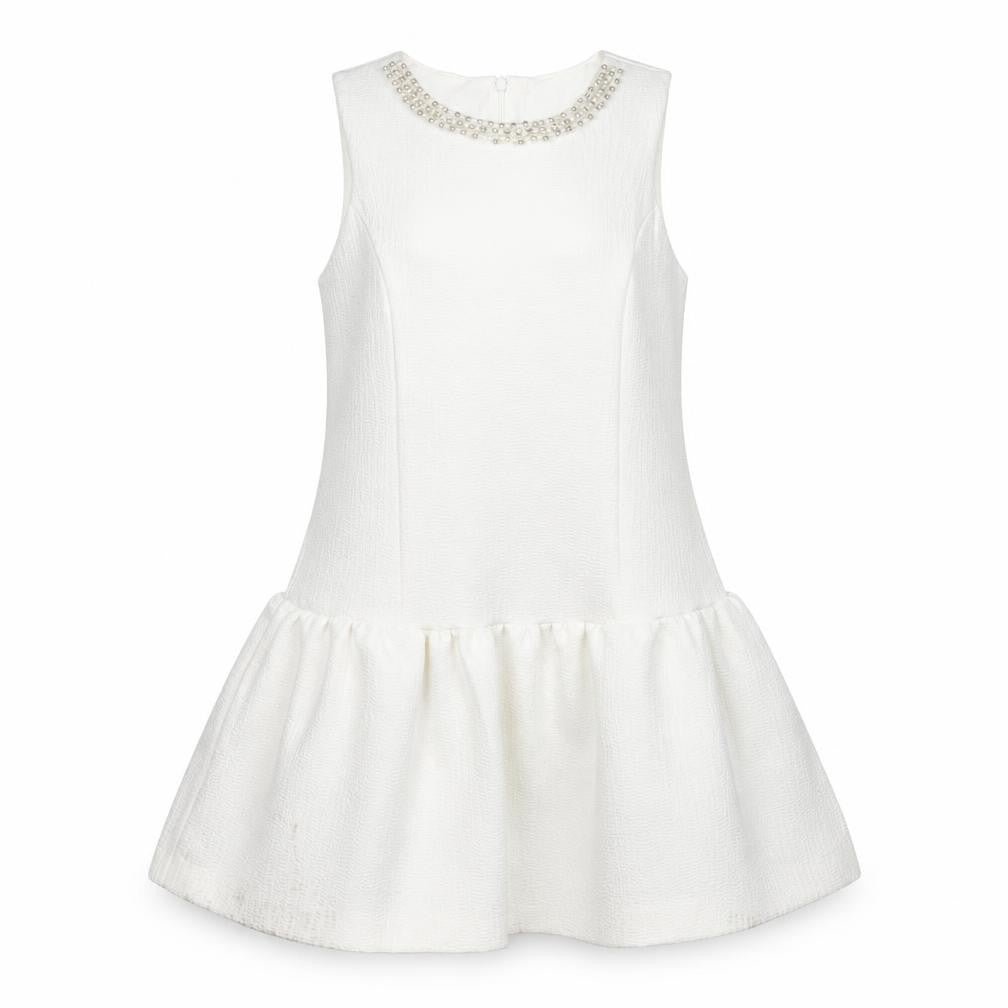 Front view of River Island women’s white polyester fit & flare, size UK 10, round neck zip