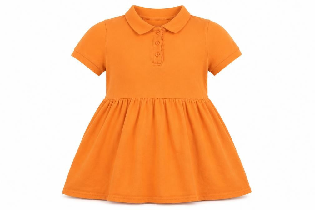 Front view of SHEIN girls’ orange cotton a-line, size 7, years collared button