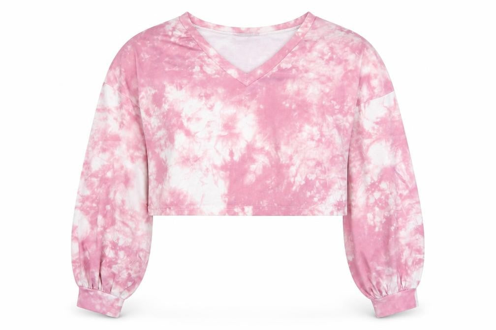 Front view of SHEIN women’s pink geometric polyester pullover sweatshirt, size UK 12, - cropped
