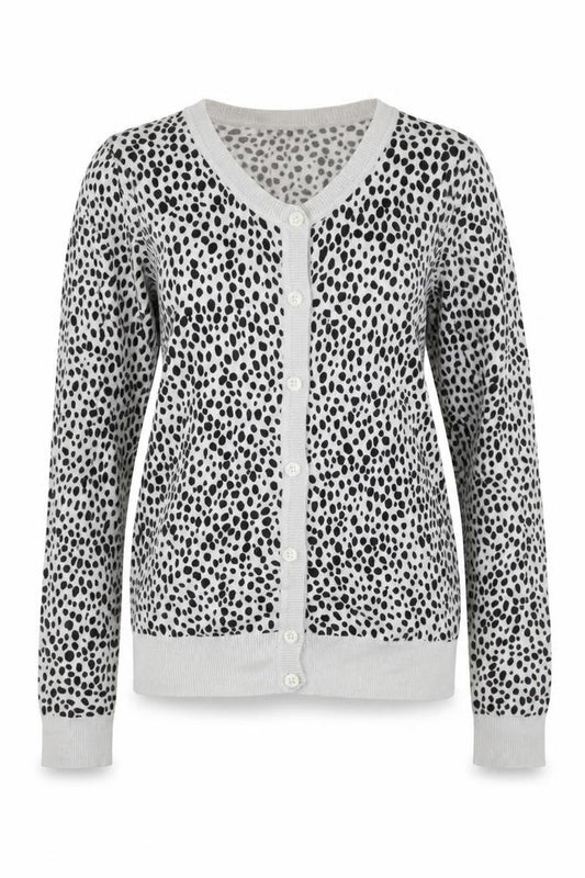 Front view of New Look women’s multicoloured round neck animal print cotton cardigan jumper, size UK 8