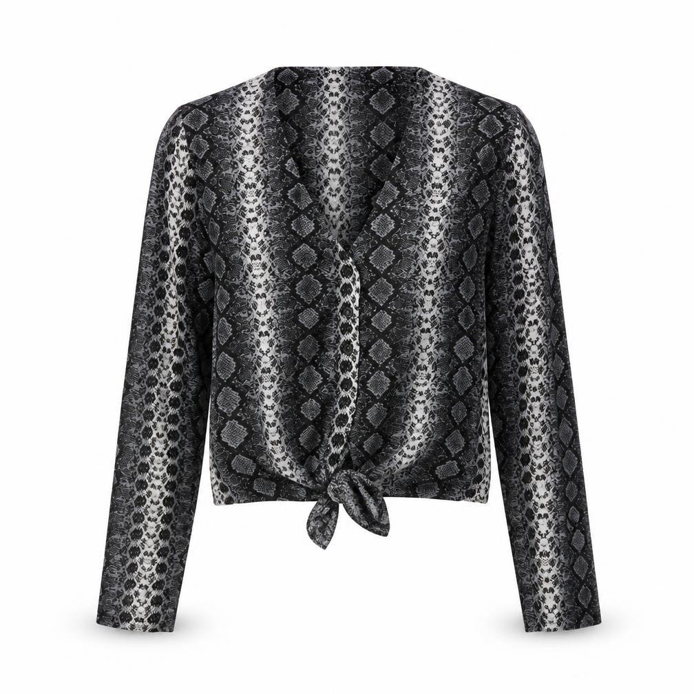 Front view of H&M women’s grey animal print viscose basic button-up, size UK 6, v-neck