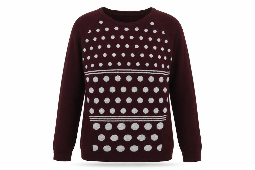 Front view of Micha women’s purple round neck polka dot acrylic jumper, size S