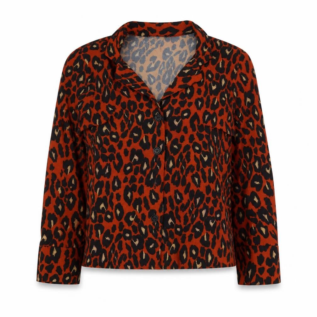Front view of New Look women’s orange animal print polyester basic blouse, size UK 6, collared