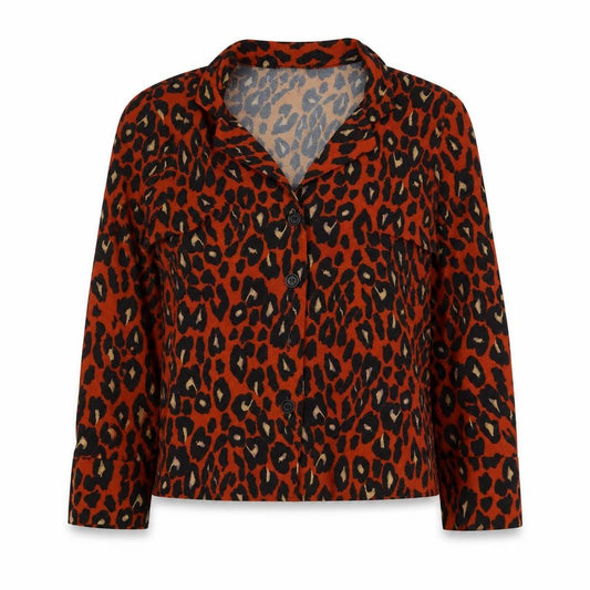 Front view of New Look women’s orange animal print polyester basic blouse, size UK 6, collared