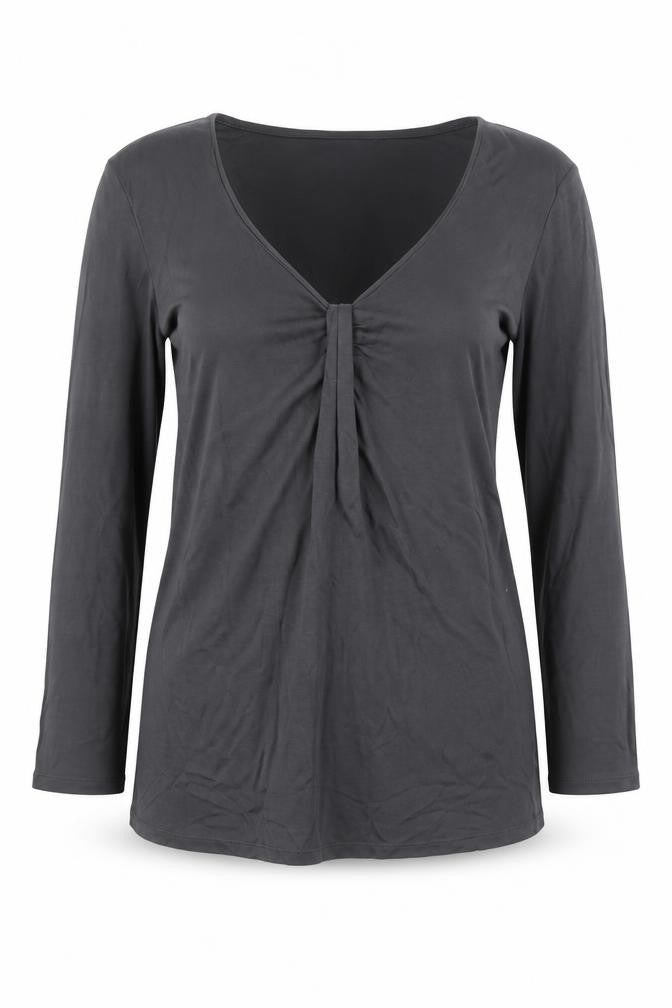 Front view of H&M women’s grey viscose basic blouse, size M, v-neck